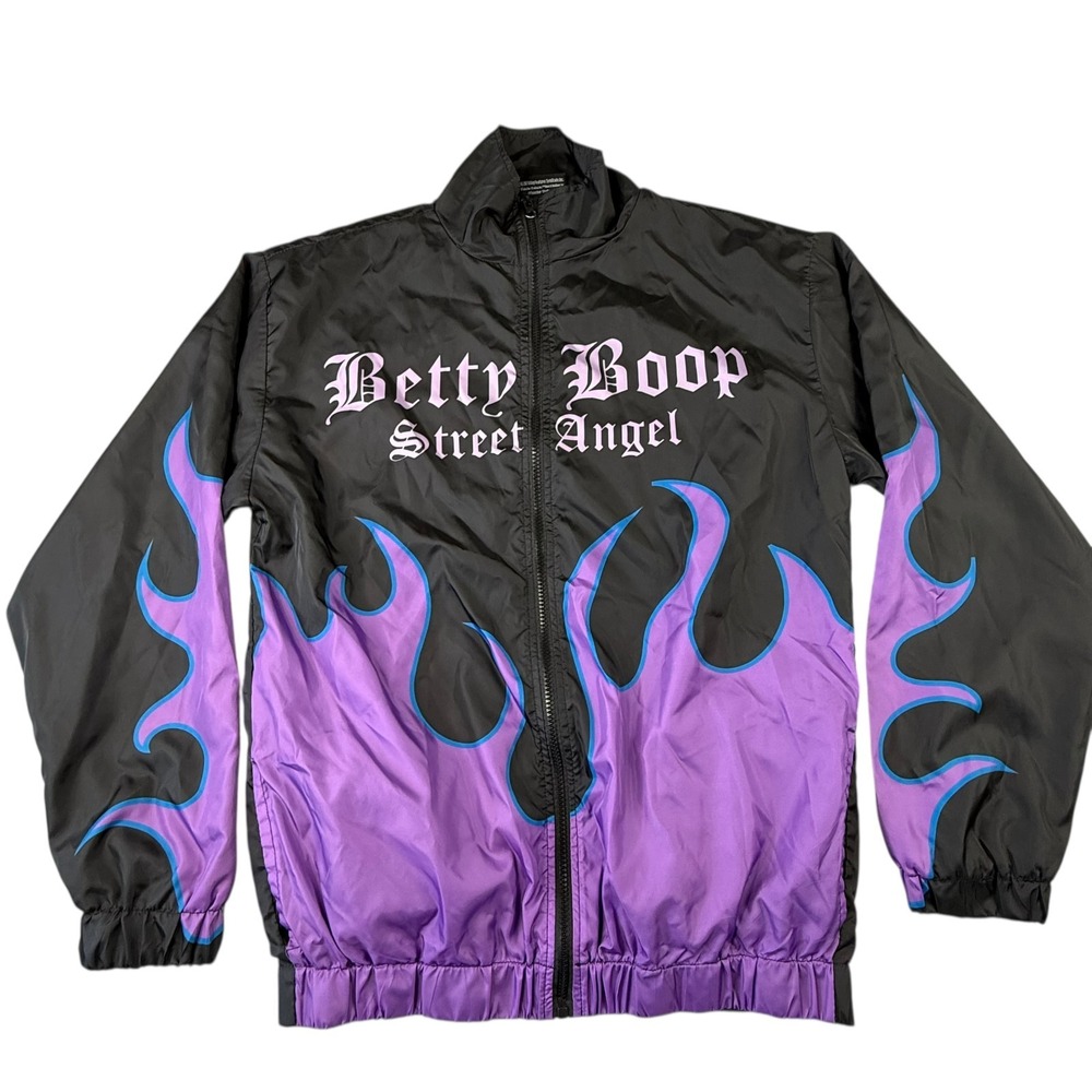 Betty Boop Street Angel Womens Medium Motorcycle Flame Windbreaker Jacket‎ Black